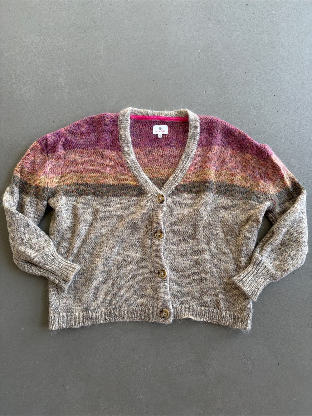 Sundry Heathered Beige Cardigan with Pink and Gold Ombre Yoke Size Small